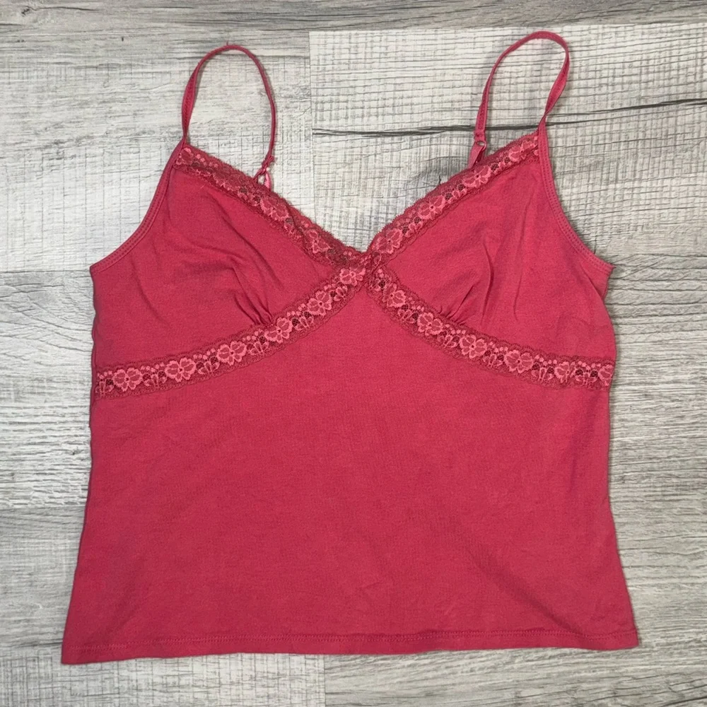 Caribbean Joe Pink Lace Trim Camisole‎ Tank Top Large Y2K Built In Bra